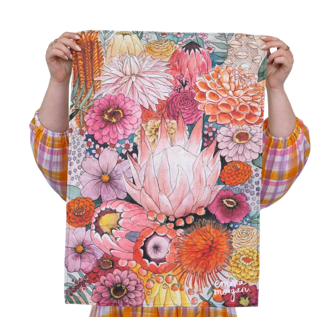 Emma Morgan- This is a hand sewn tea-towel, printed on a cotton/linen blend features Emma's bold floral artwork "Jade".