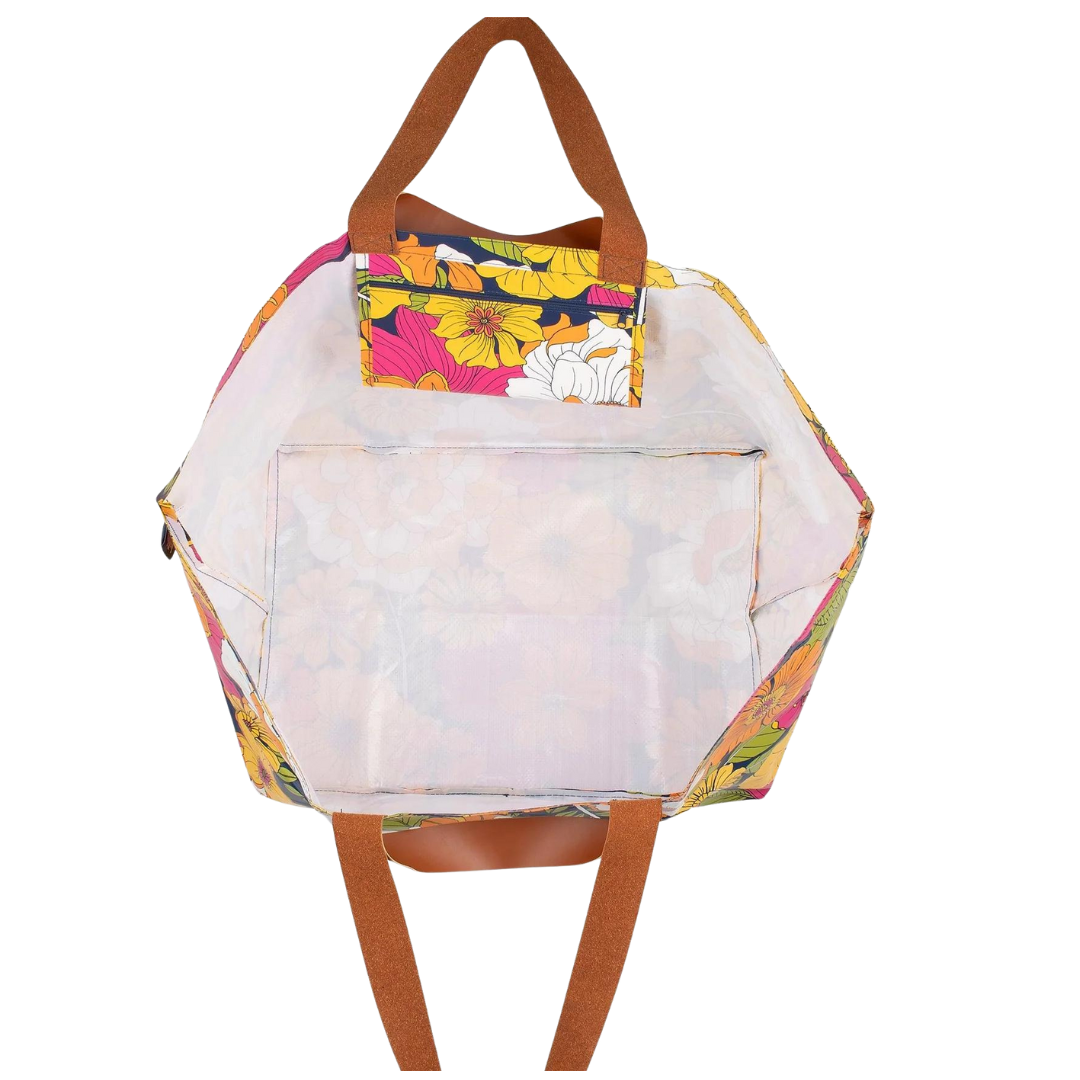 Kollab Shopper tote. Pretty in pink A bold and captivating design that showcases vibrant florals in a stunning array of bright pink, orange, and yellow hues against a moody navy backdrop, creating a striking contrast that is both dramatic and chic. This print is sure to make a statement and add a touch of elegance