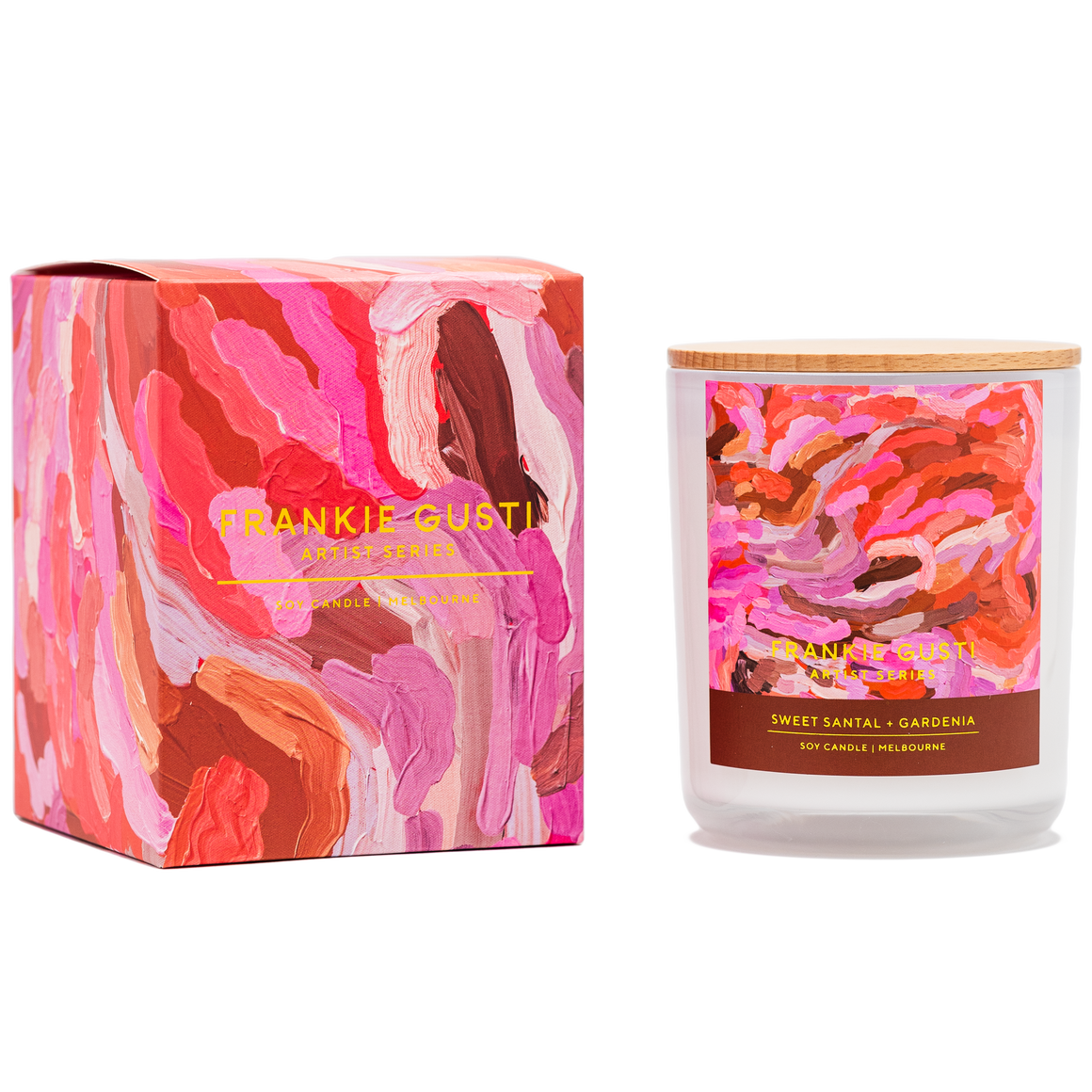 Hand Poured Candle by Frankie Gusti . 50 Hours . Gardenia, pink carnation, bougainvillea, apple blossom, neroli, sandalwood, incense.