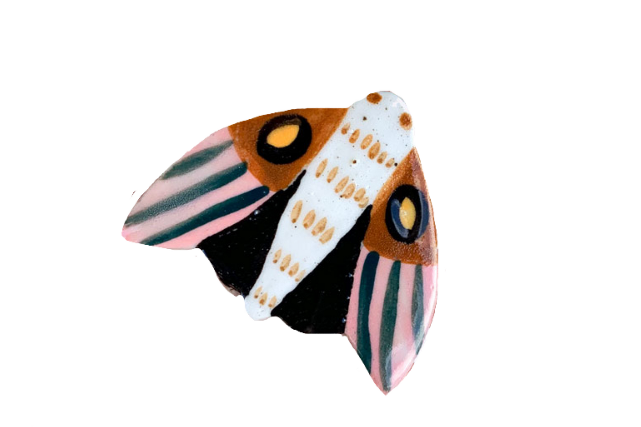 Togetherness design -The Midnight Moth brooch features a hand built ceramic piece that will add a touch of colour to your outfit. Features a silver metal clasp on the reverse. As every ceramic piece has been made by hand they are each unique and may slightly differ from pictures in terms of shape and colour.