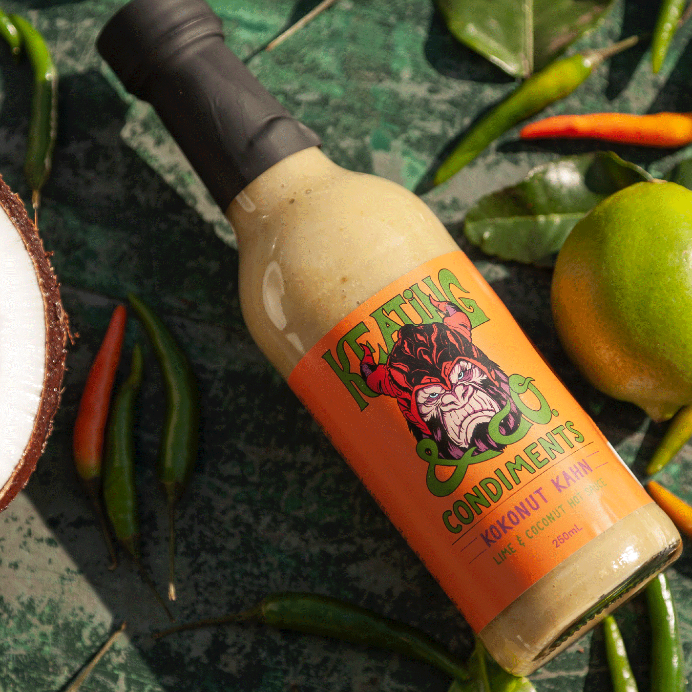 Koconut Kahn is an hot sauce with a lime and coconut base.