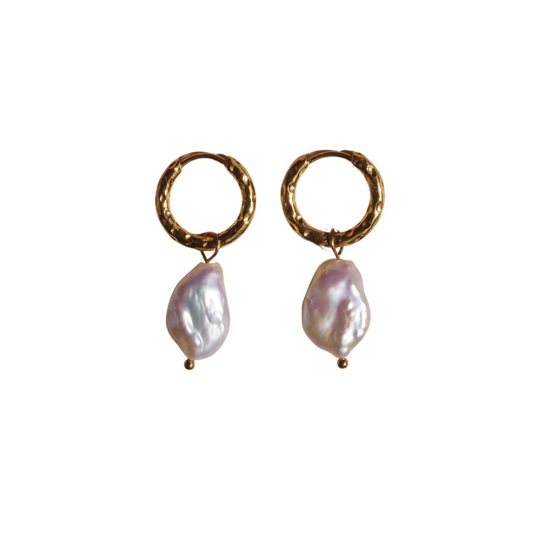 18K Gold Freshwater Keshi Pearl Hammered Hoops
