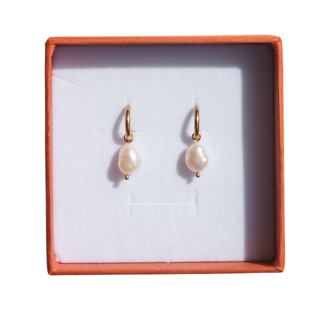 18K Gold Freshwater Pearl Hoops: (Gold) 18K Gold over Surgical Steel