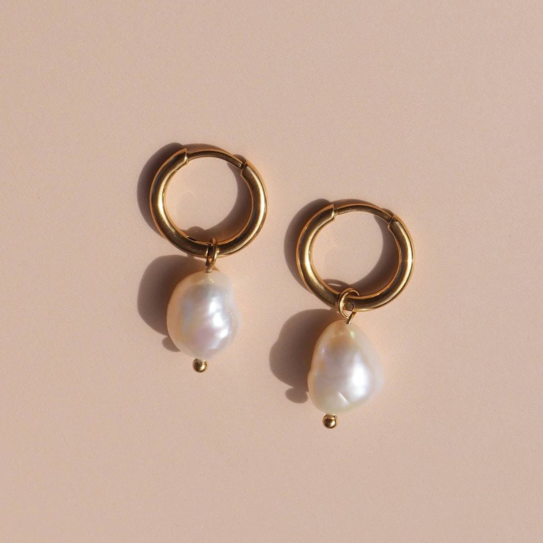18K Gold Freshwater Pearl Hoops: (Gold) 18K Gold over Surgical Steel
