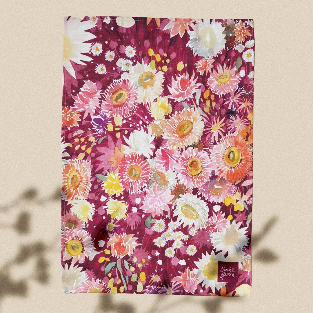 Cotton and linen tea towel featuring Natalie Martin's 'The Everlasting Meadow' artwork.