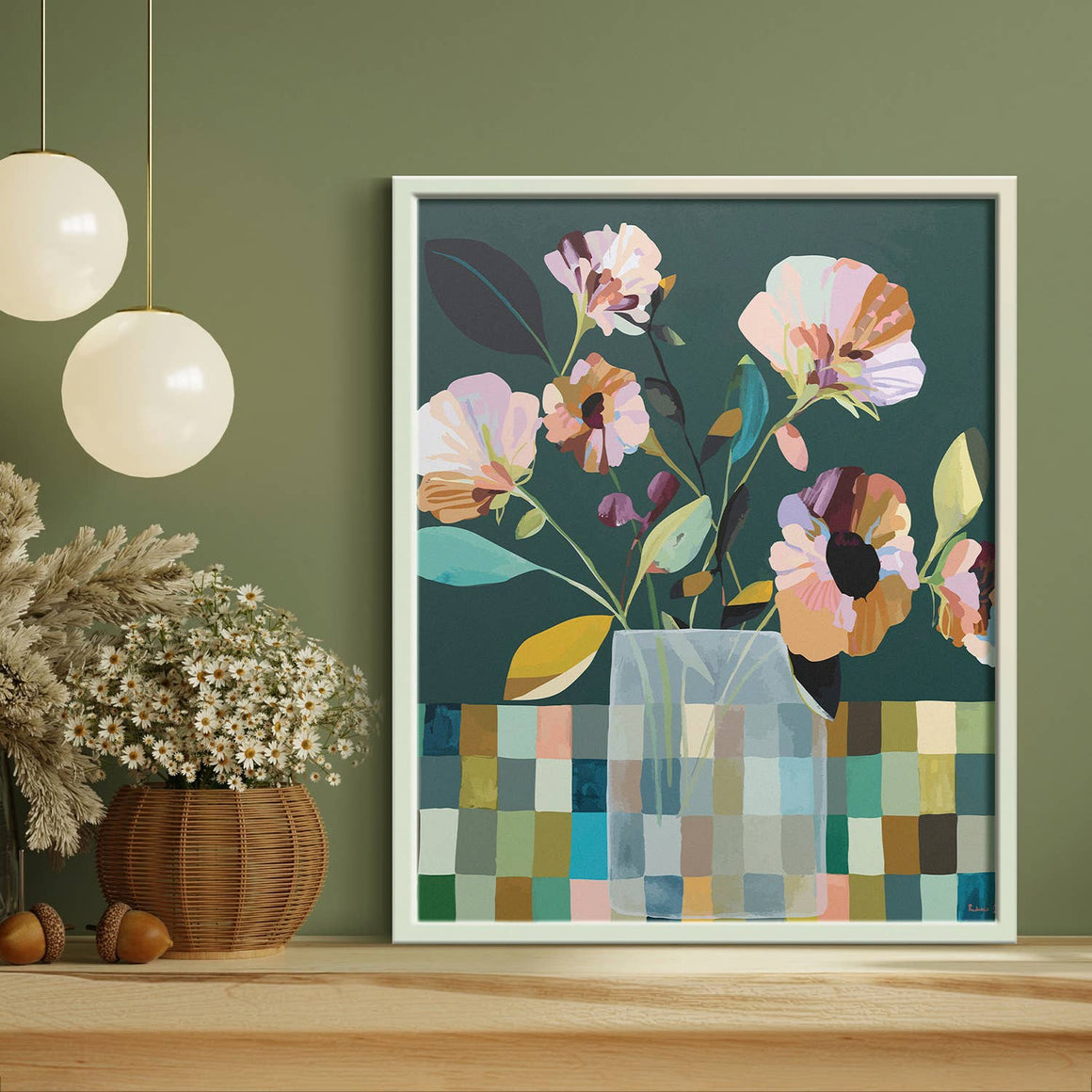 Colorful floral painting with a geometric vase on a dark green background. Makes yours with this paint by numbers kit