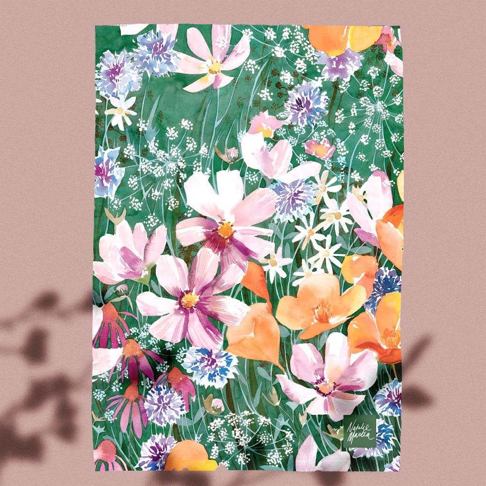 Cotton and linen tea towel featuring Natalie Martin's 'The Wildflower Meadow' artwork.