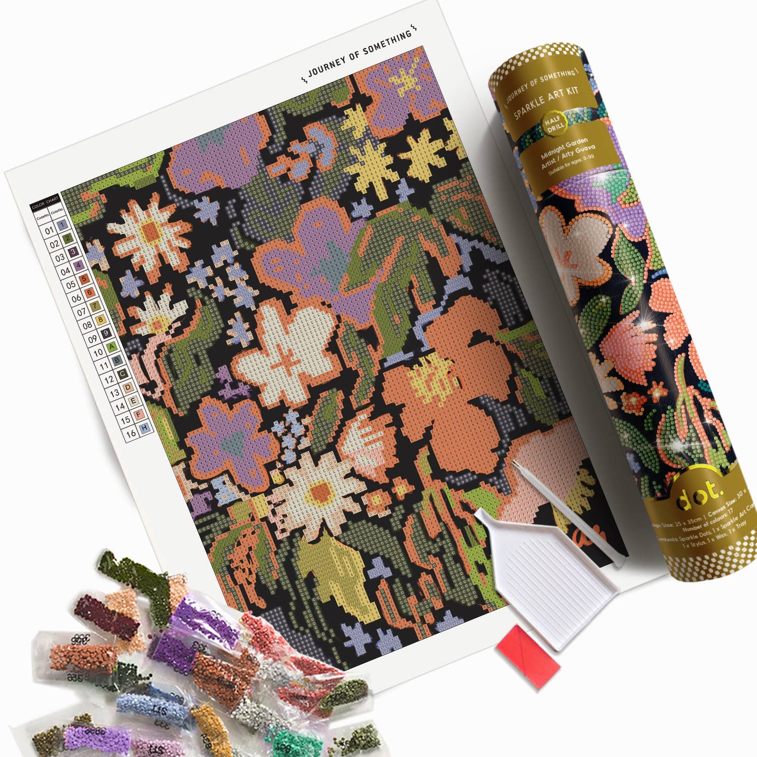 Cross-stitch kit with floral pattern, thread packets, and a partially completed design on a white background.