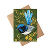 Greeting card with a blue bird illustration on a green background, featuring a brown envelope.