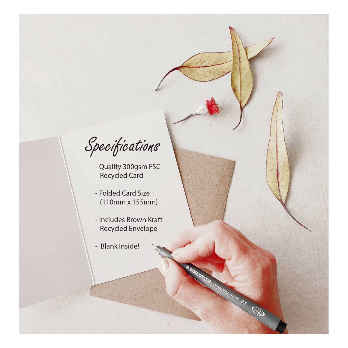 Greeting card with a colorful seahorse design on a teal background, accompanied by a brown envelope.