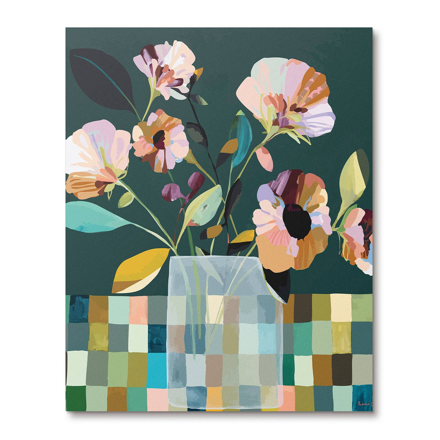 Colorful floral painting with a geometric vase on a dark green background. Makes yours with this paint by numbers kit