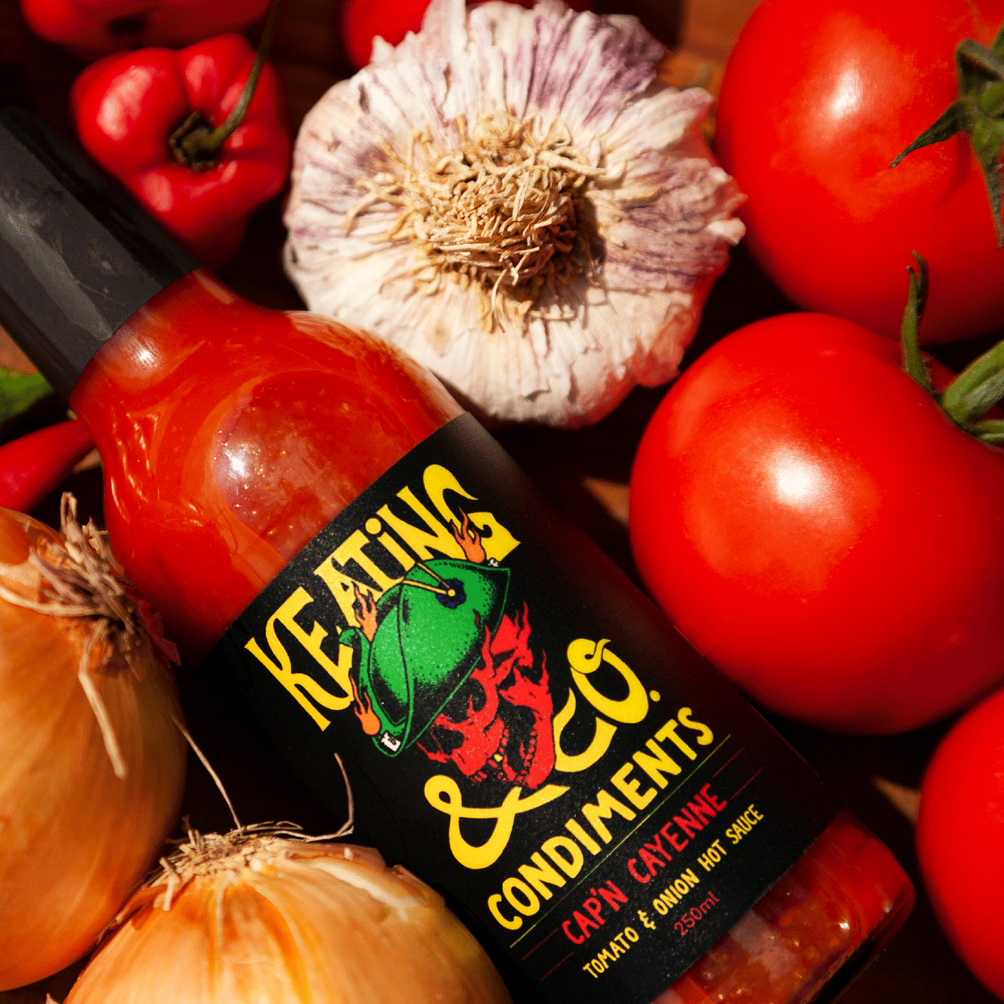 Cap’n Cayenne was the very first hot sauce Keating &amp; Co ever created — a true classic built on tomato, onion and garlic, lifted by a clean cayenne heat and a hint of habanero for extra depth.