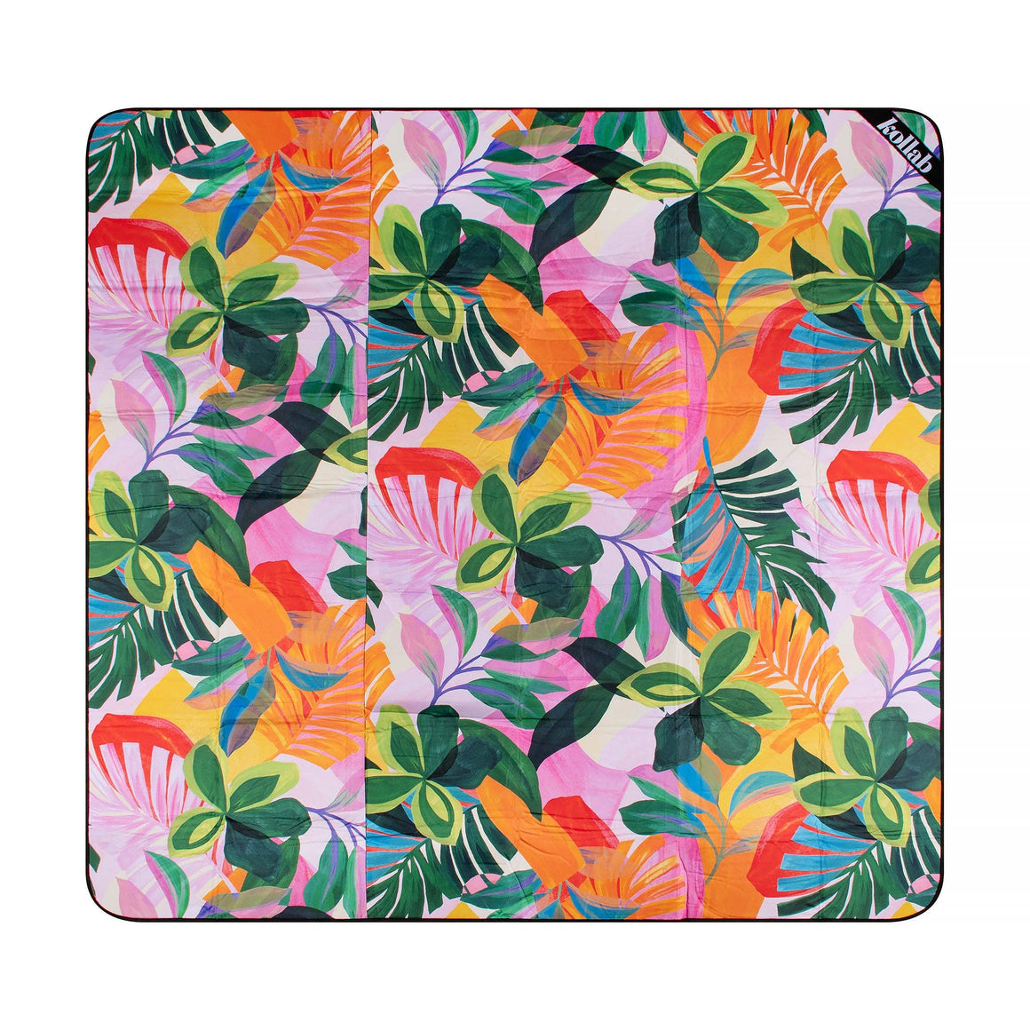 Summertime picnic mat by Kollab. Just like a leisurely walk through the rainforest, this lively design features bold, tropical foliage in an array of striking colours. This print captures the essence of summertime with its bright and playful aesthetic, ready for days on the warm sand.  – Style Notes