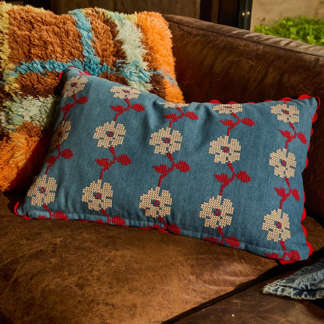 Anneliese Reversible Denim Cushion - Poppy