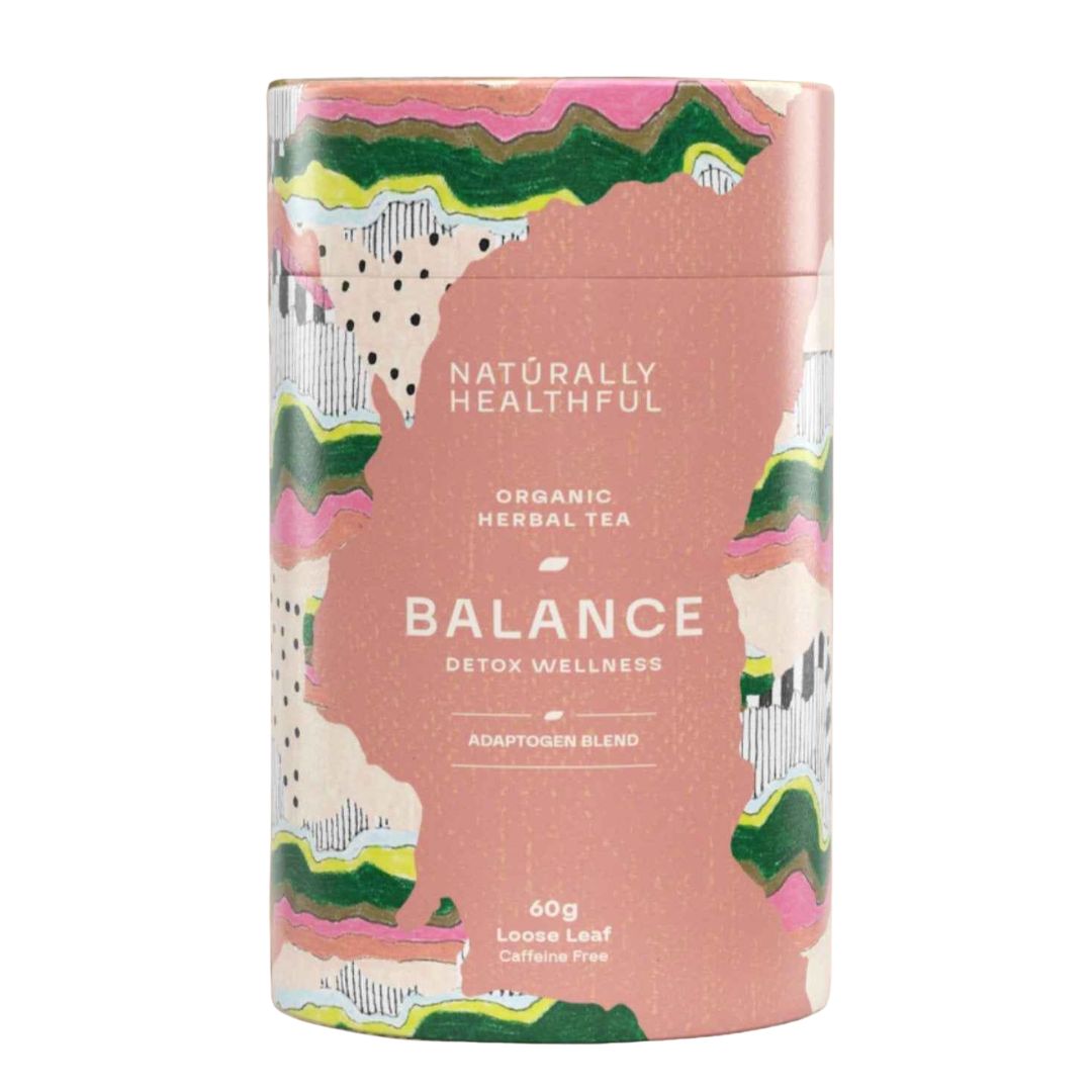 Art cannister with adaptogen blended herbal tea to promote balance,