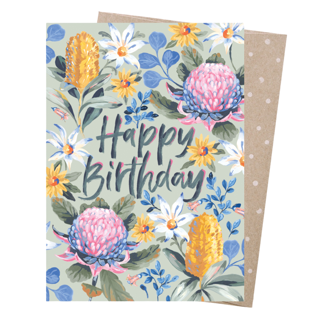 Birthday bushwalk greeting card -Featuring hand-lettering and Australian native floral illustrations by Australian artist Jayne Branchflower.