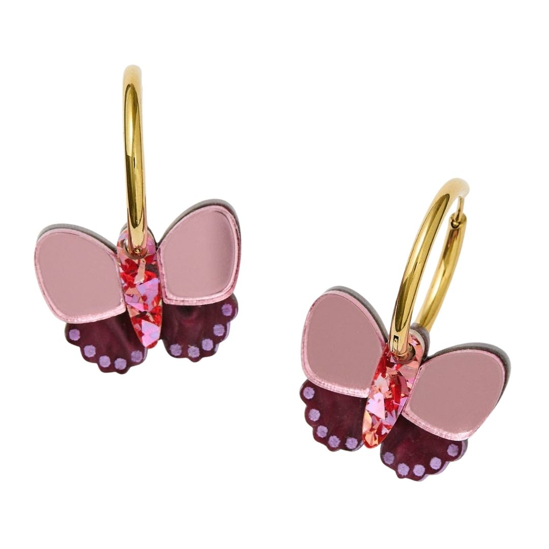 Butterfly-shaped earrings with plum and gold details on a white background
