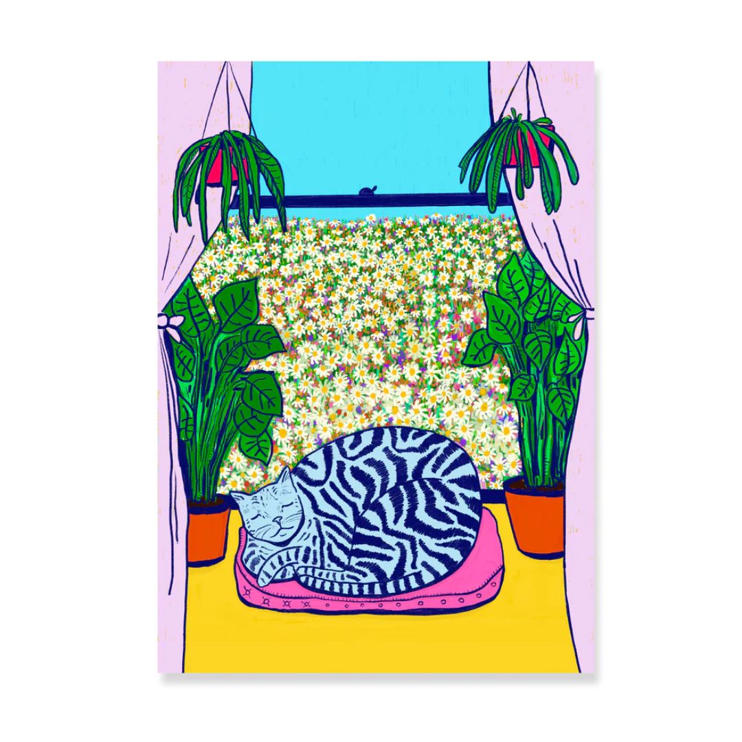 Cat Sleeping By Window With Flowers Behind Card