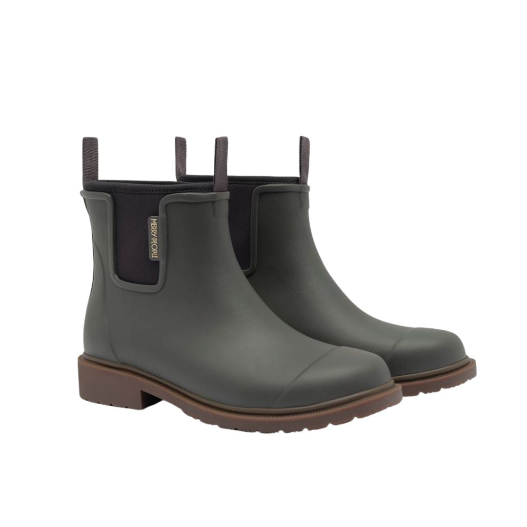 Charcoal gumboot with brown sole on a white background