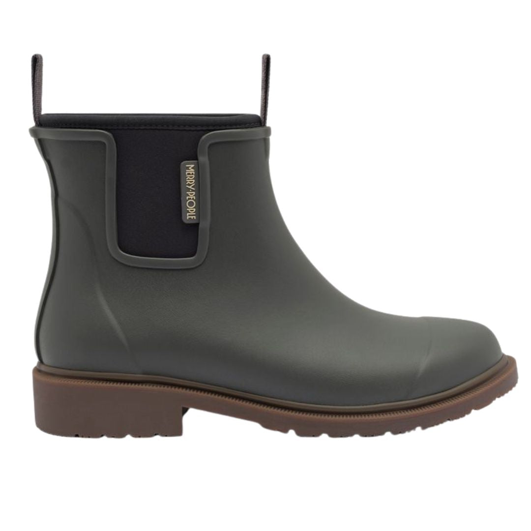 Charcoal gumboot with brown sole on a white background