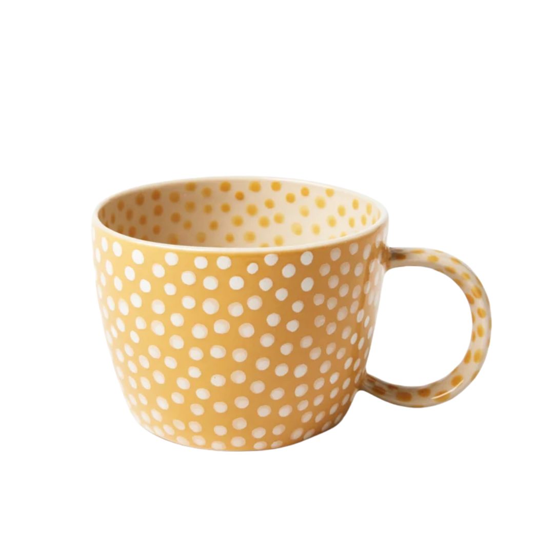 Mustard and white spot mug in the perfect drinking size