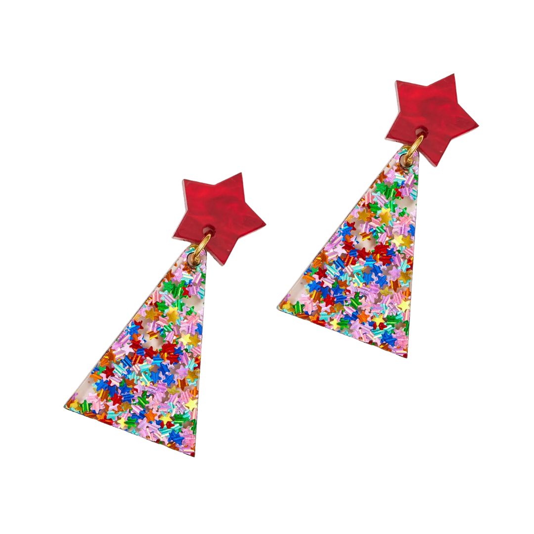 Christmas Tree Earrings - Multi Star Glitter