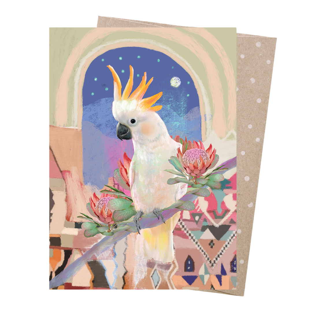 Cockatoo bazzar greeting cards - Featuring an earthy and mystical artwork of native wildlife by Australian artist Amber Somerset.