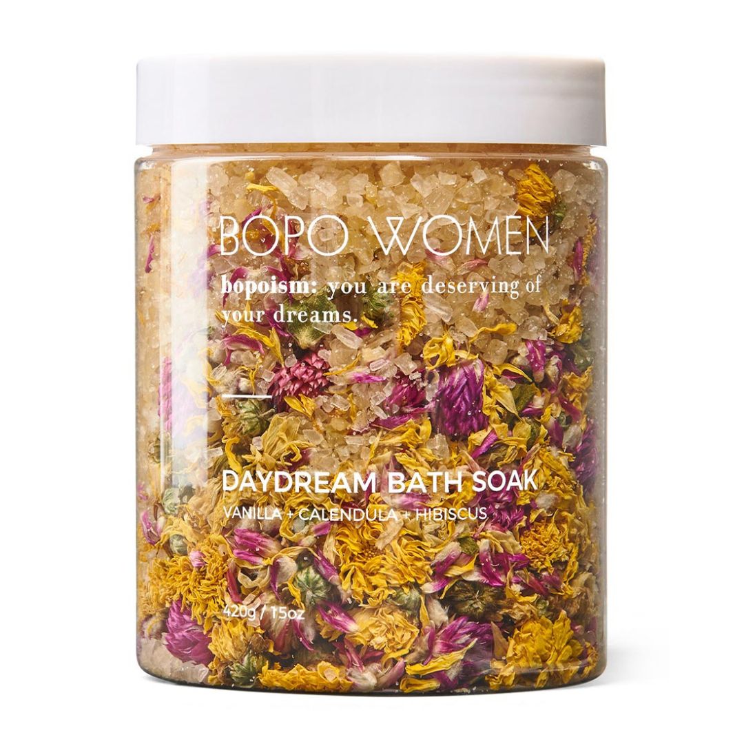 BOPO Women Daydream Bath Soak with vanilla, calendula and hibiscus flowers in a jar
