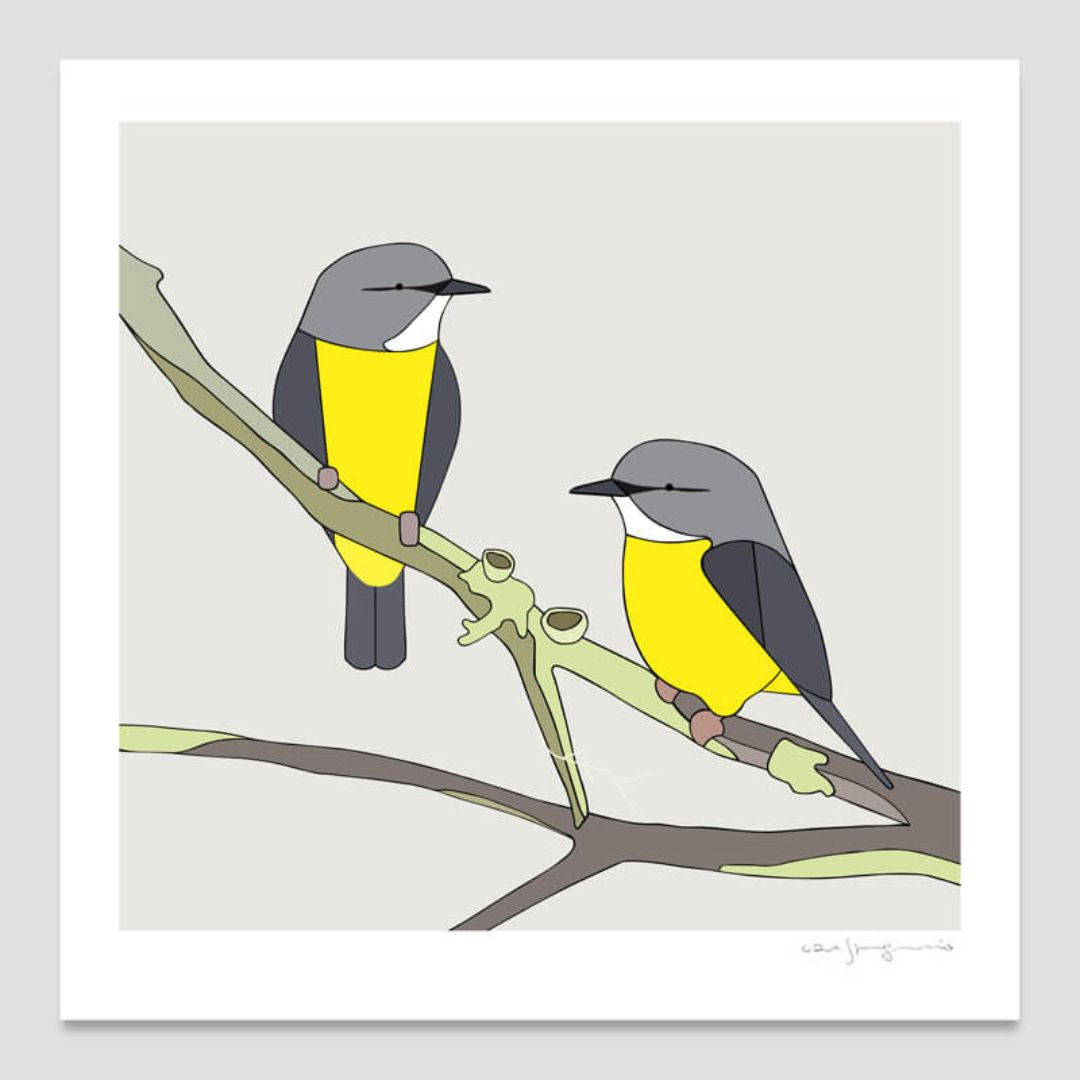 Eastern Yellow Robins and Common Greenshield Lichen
