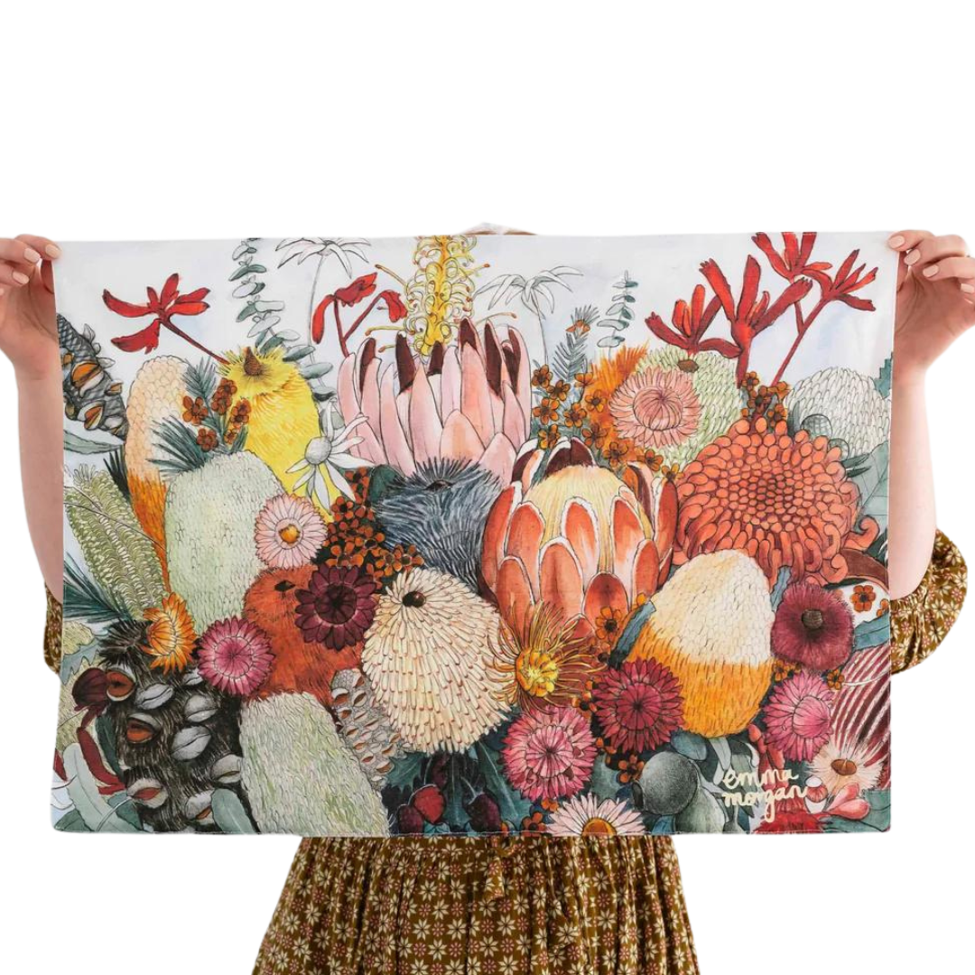 Emma Morgan - his is a hand sewn tea-towel, printed on a cotton/linen blend featuring Emma's green banksia painting "The Botanist"