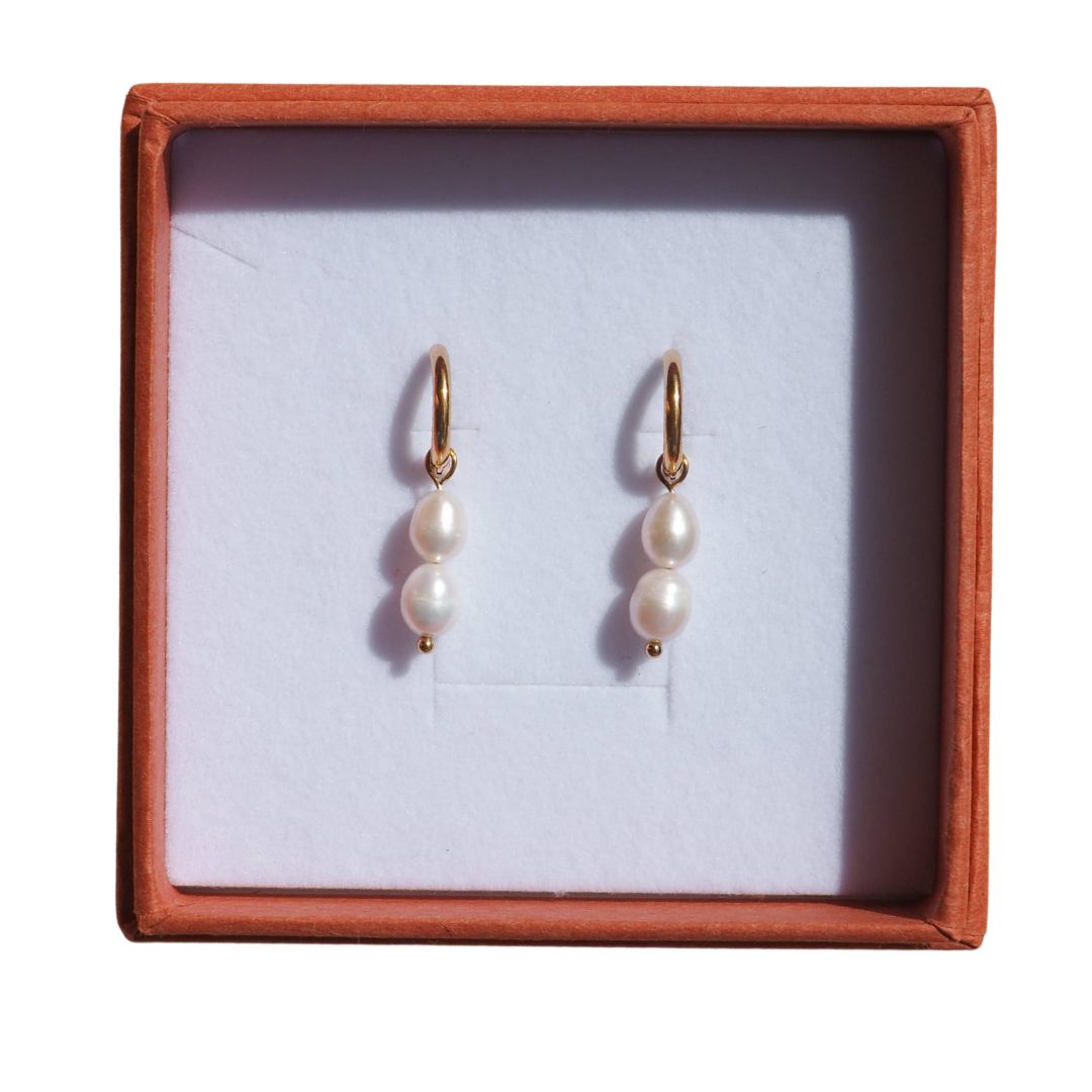 Freshwater Pearl Hoops Double Stack: (Gold) 18K Gold over Surgical Steel