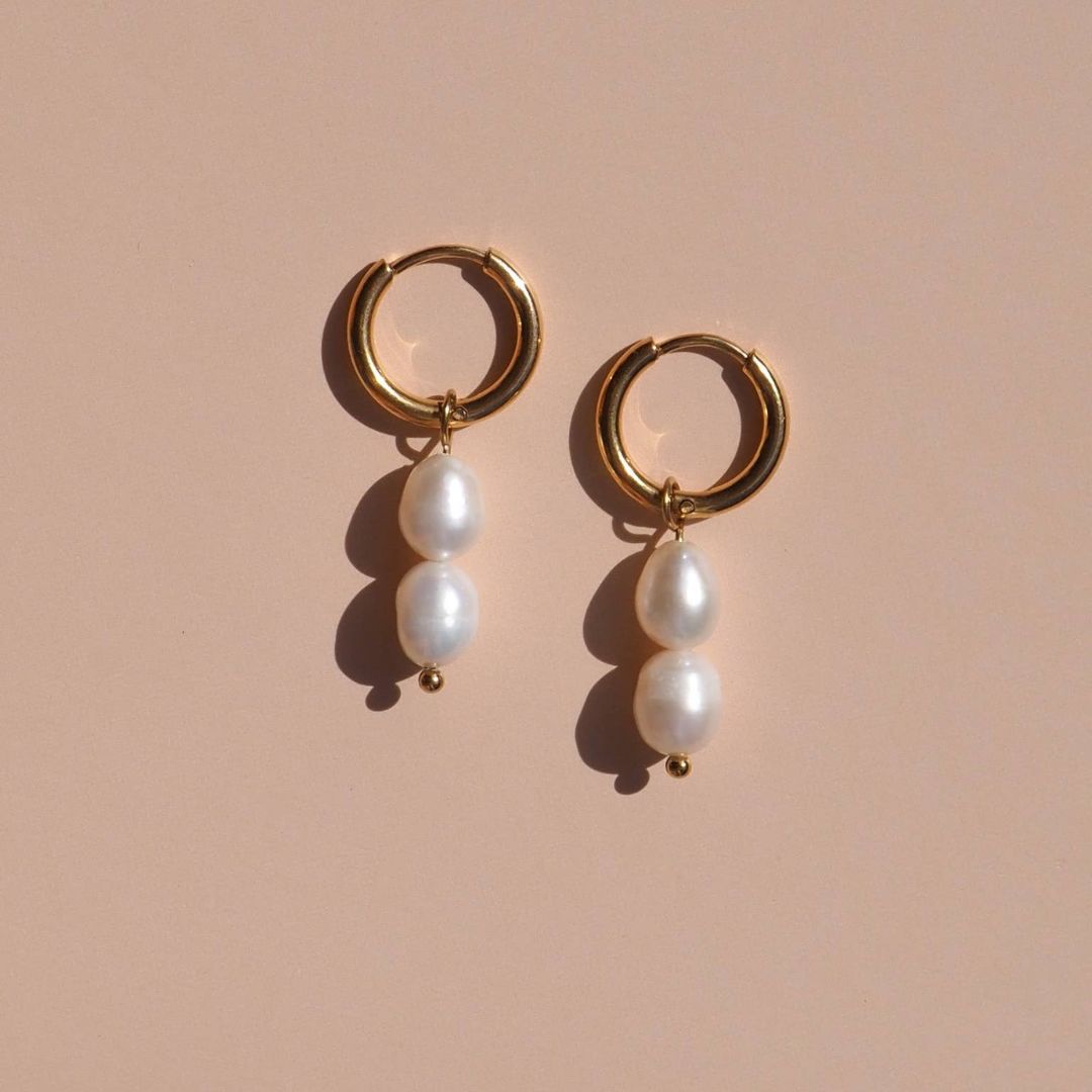 Freshwater Pearl Hoops Double Stack: (Gold) 18K Gold over Surgical Steel