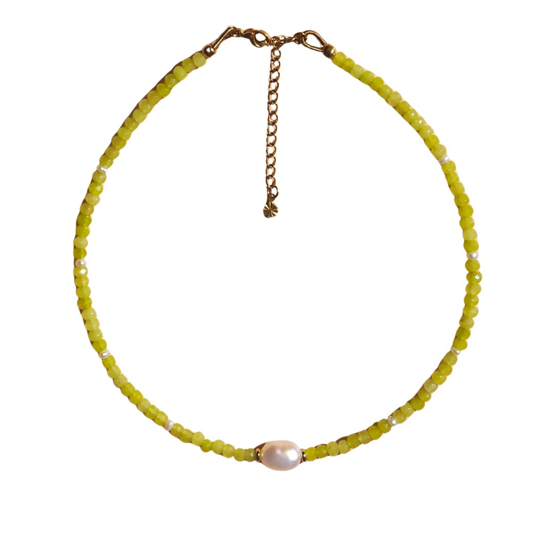 Freshwater Pearl with Lime Gemstone Beaded Necklace