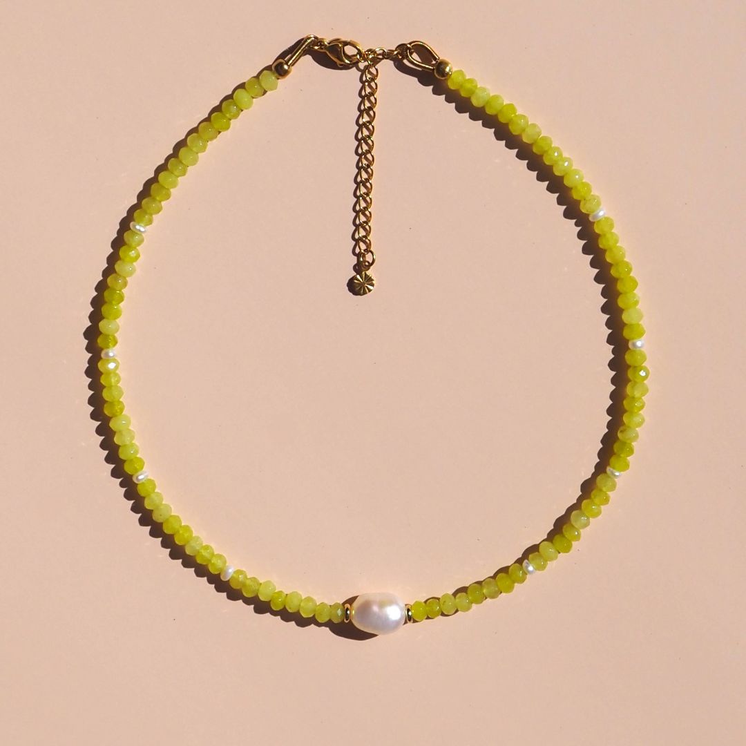 Freshwater Pearl with Lime Gemstone Beaded Necklace