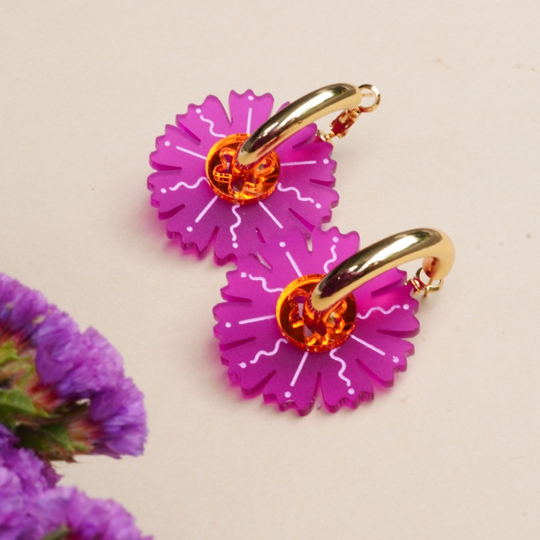 Fuschia Petal ~ Gold Thick Hoops