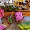 The coolest combination of prints does exist! Pink and brown polda dots, stunning botanicals and a leopard trim