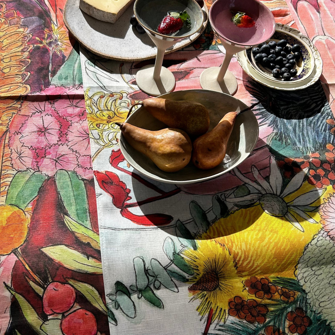 Stunning "good fortunes" tablecloth with Australian native flowers will be striking in any dining room. By Emma Morgan