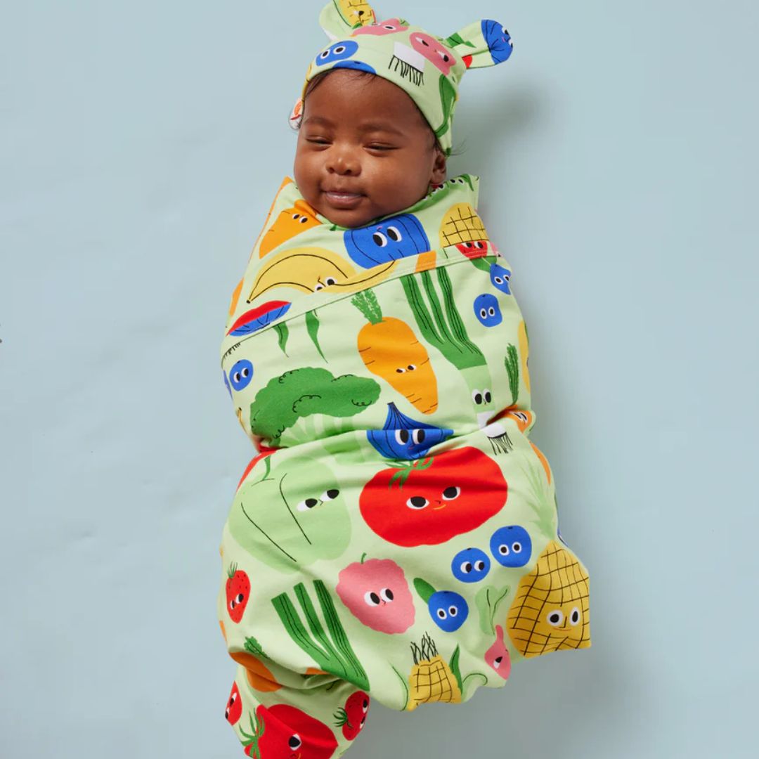 Halcyon Night swaddles are presented in matching print boxes like Happy Harvest.