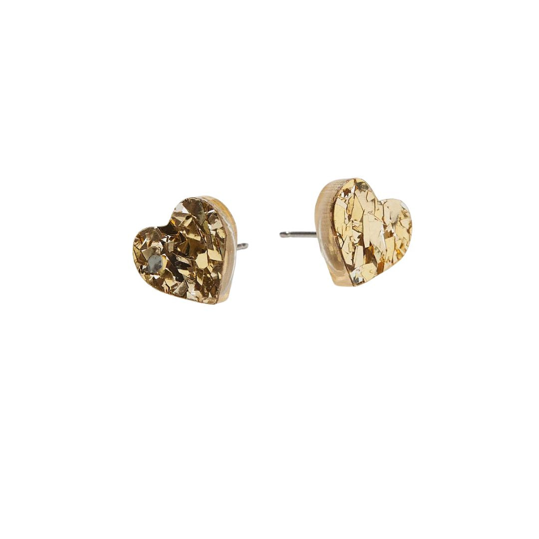 Heart-shaped gold confetti earrings on a white background