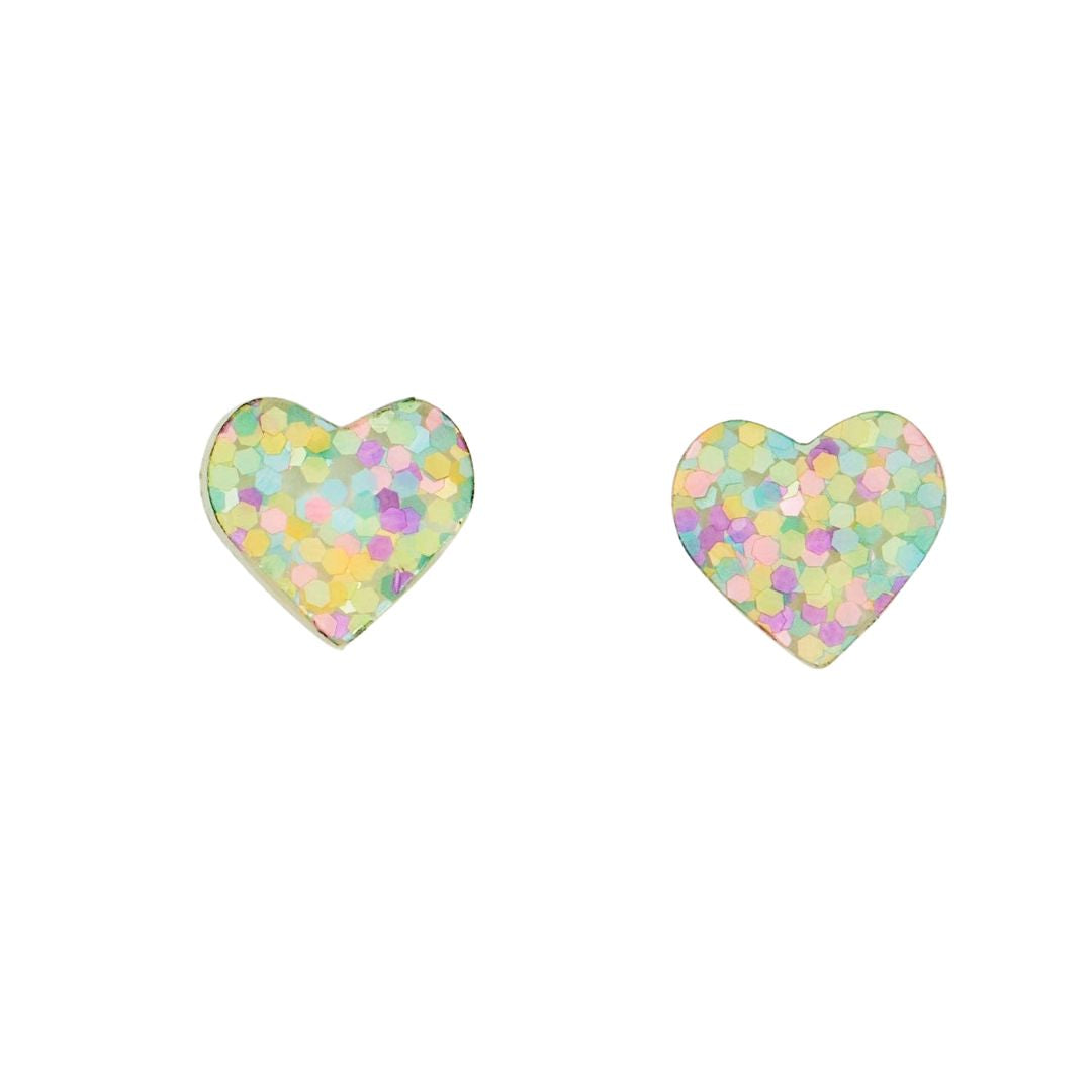 Heart-shaped earrings with colorful pastel confetti  on a white background
