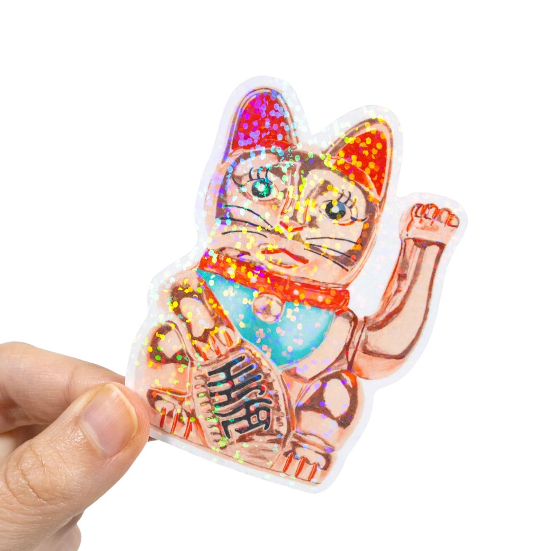 Maneki-Neko Glitter Sticker - Rose Gold