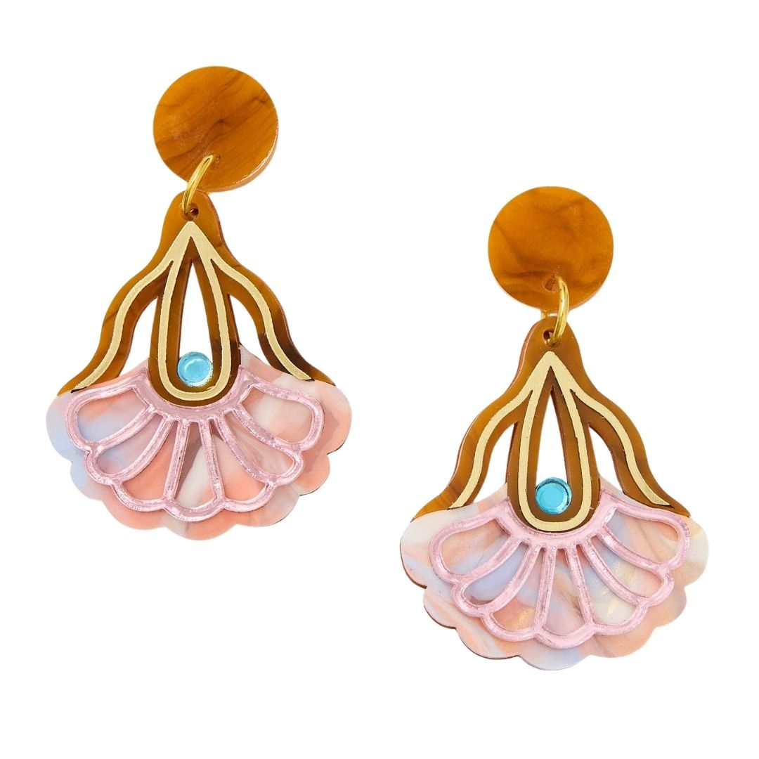 Pair of earrings with pink and gold floral design on a white background