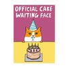 Funny cat face card looking at a cake.