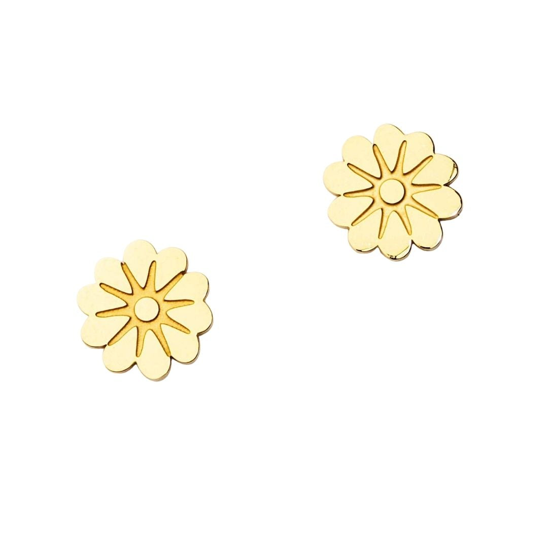 Gold flower-shaped earrings on a white background
