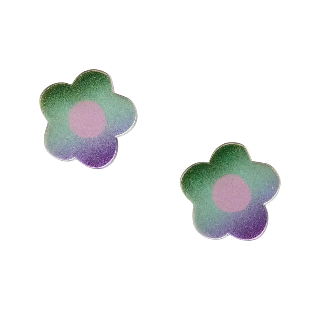 Ombre daisy geen/purple stud by Martha Jean. Our New Daisy Ombre Studs feature Unique Ombre/Gradient Colors: These earrings are a work of art. The gradual shift in colours adds depth and dimension, ensuring they'll beautifully complement any outfit.