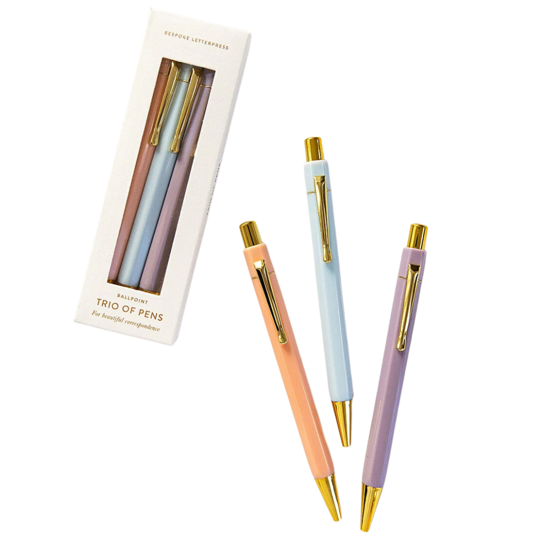 Beautifully boxed trio of pens, in pastel colours. Make writing more enjoyable with these beautiful pens.