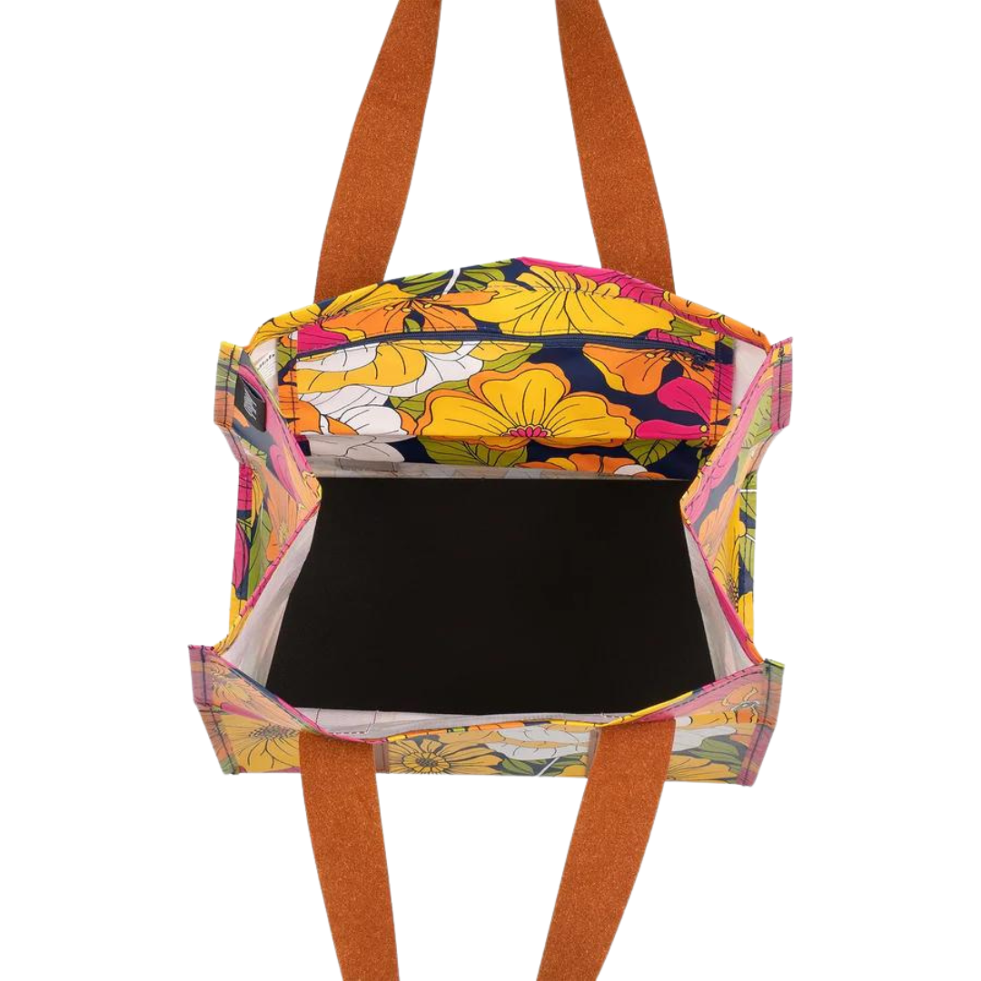 Kollab Market bag - Pretty in pink. A bold and captivating design that showcases vibrant florals in a stunning array of bright pink, orange, and yellow hues against a moody navy backdrop, creating a striking contrast that is both dramatic and chic. This print is sure to make a statement and add a touch of elegance
