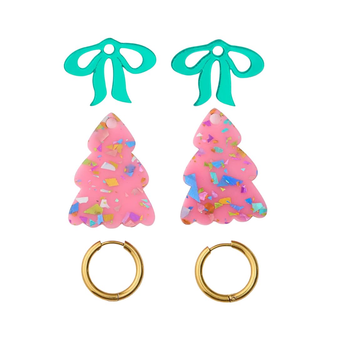 Puffy PINK Christmas Tree Earrings - with GREEN bow