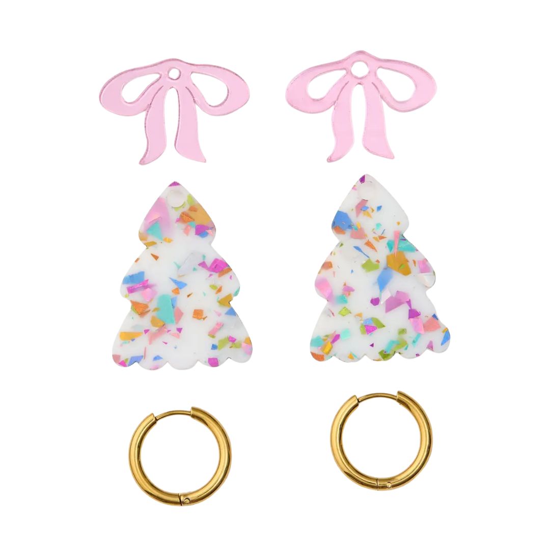 Puffy White Christmas Tree Earrings With Pink Bow