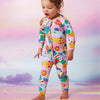 This long sleever romper really shows off the Rainbow Valley print. Turn over feet keep baby warm, the zipper keeps parents sane when changing nappies!